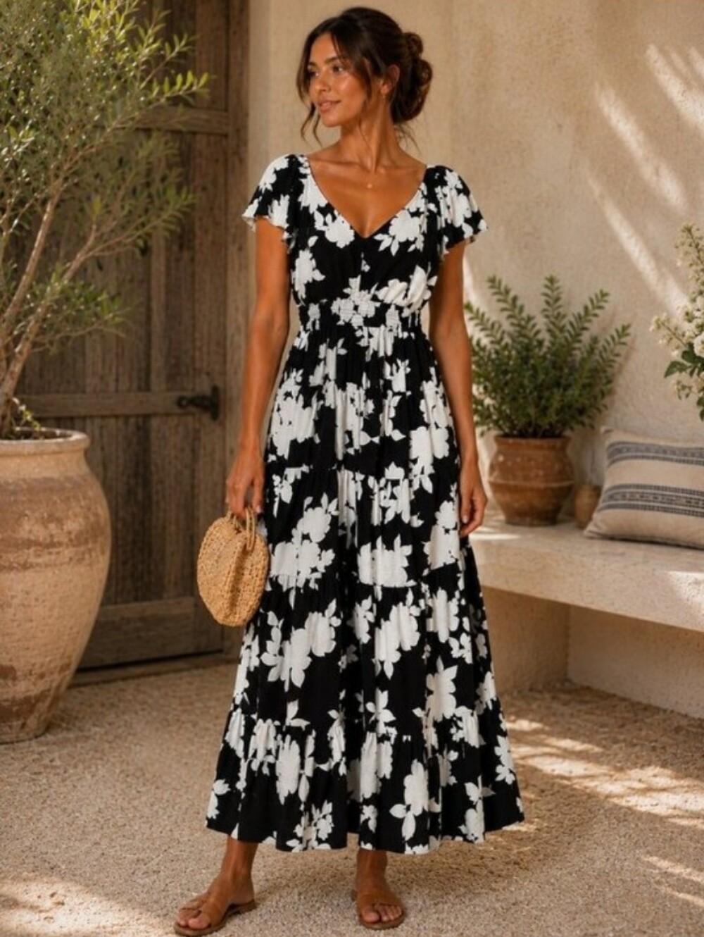 Rachel Zoe Floral Flutter Sleeve Black White Tiered Smocked Maxi Dress XL